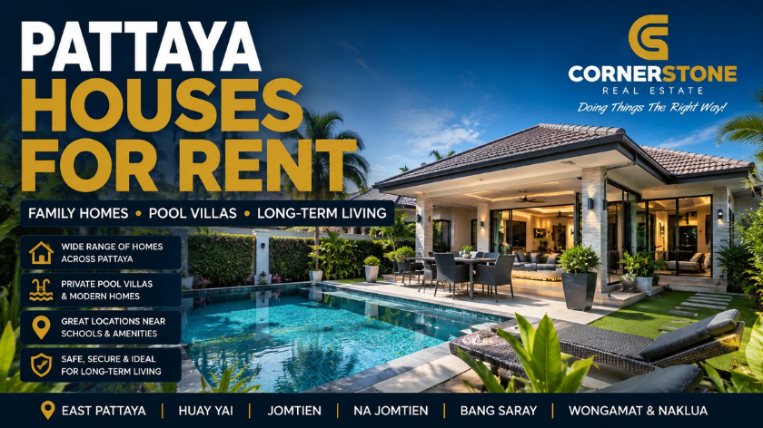Houses for rent across Pattaya featuring family homes, private pool villas and long-term rental properties in East Pattaya, Huay Yai, Jomtien, Na Jomtien, Bang Saray and surrounding residential areas.